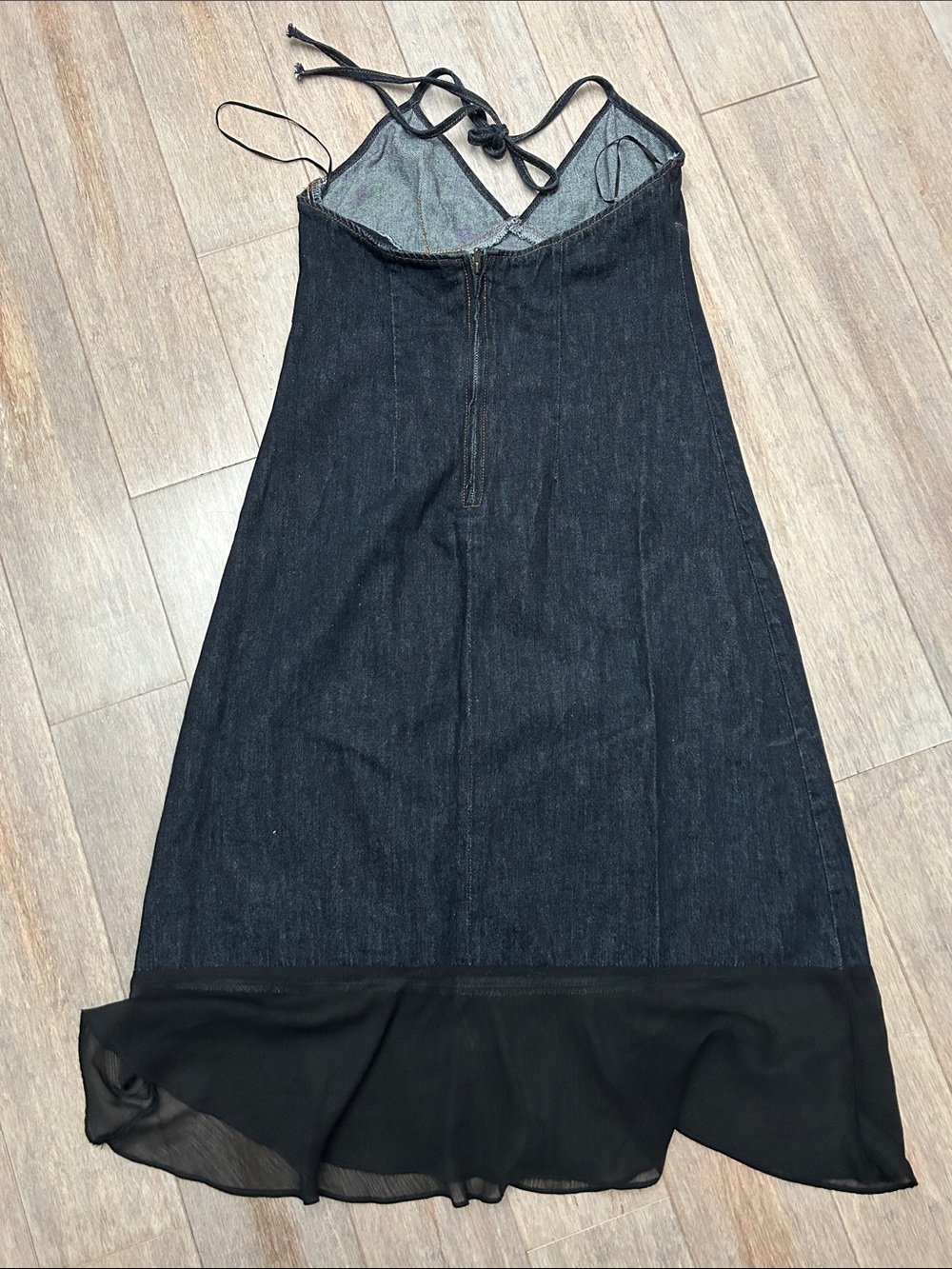 Lioness Black Halter Indigo Denim Midi Dress with Sheer Hem halter neck size S - Picture 3 of 13